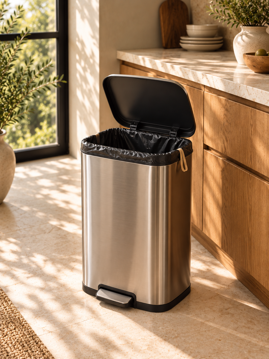 Black drawstring kitchen bag fitted neatly inside an open stainless steel trash can in a sunlit kitchen