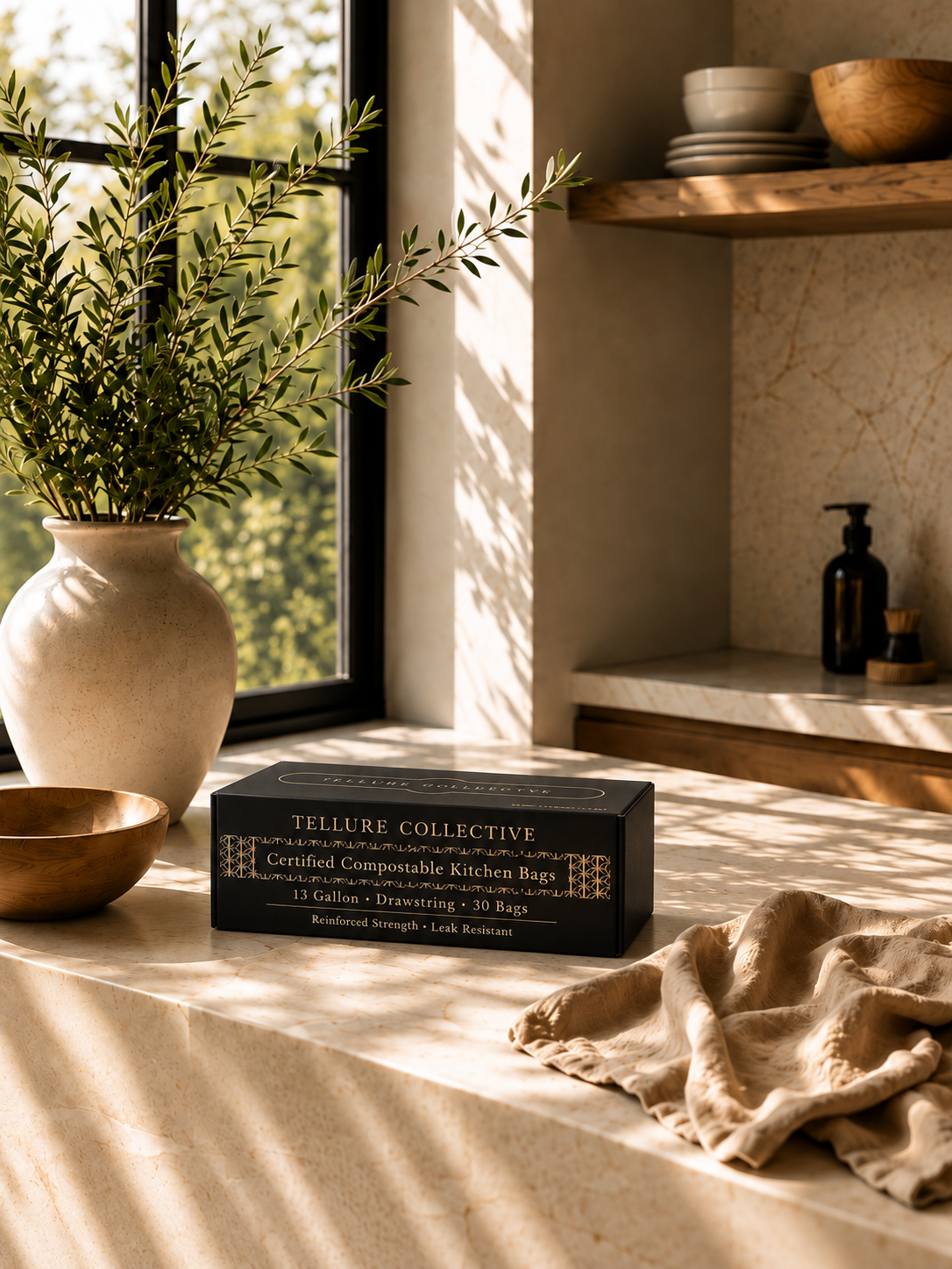 Tellure compostable kitchen bag box on a sunlit stone countertop beside greenery and natural linen